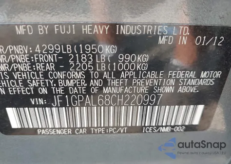 2012 Subaru Impreza 2.0I Sport Premium z USA, uszkodzony, nr VIN JF1GPAL68CH220997